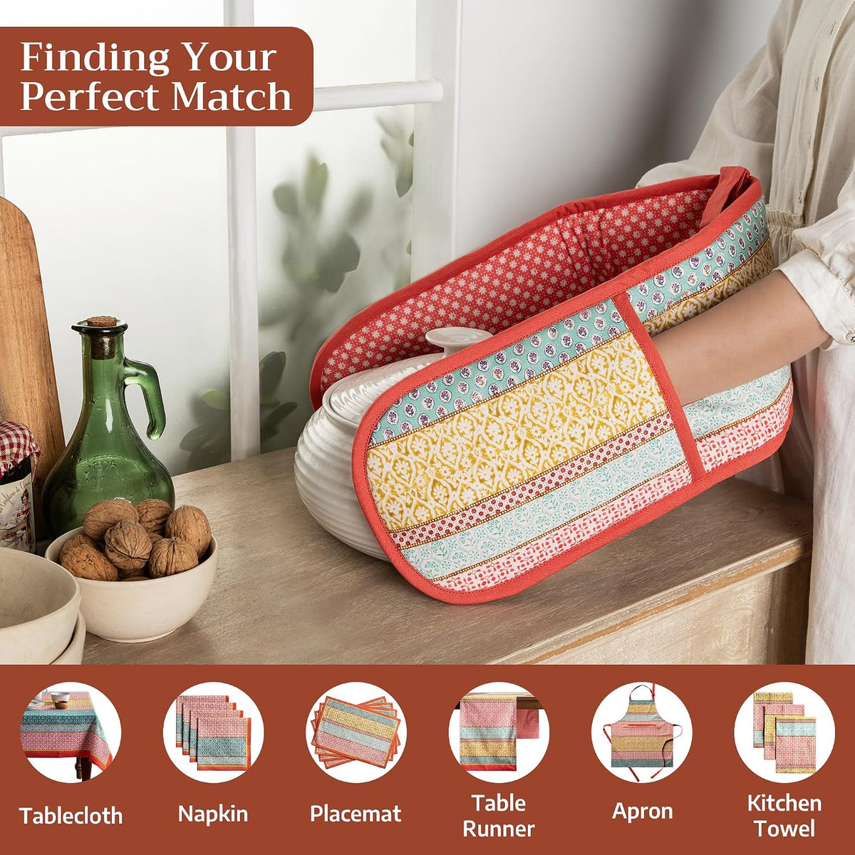 Maison d' Hermine 100% Cotton Oven Mitt & Pot Holder Set (7.5"x13" & 8"x8") - Colors C