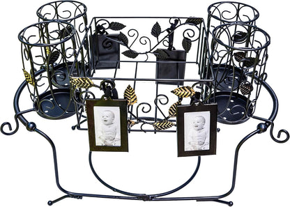 Portable Utensil Caddy for Parties, Elegant Leaf Design Buffet & Silverware Organizer with Napkin Holder, Stainless Steel Plate Storage Caddy for Camping, BBQ & Outdoor Dining
