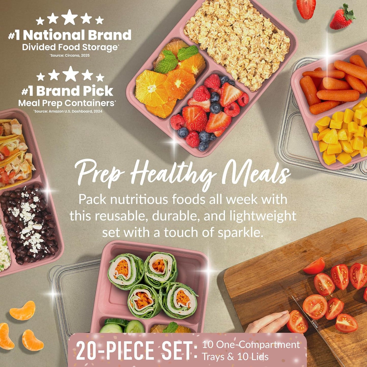 Bentgo Prep - 20-Piece 3-Compartment Reusable Meal Prep Containers with Lids, PFAS & BPA Free Materials, Durable, Microwave, Freezer, & Dishwasher Safe To Go Food Storage (Stone Gray)