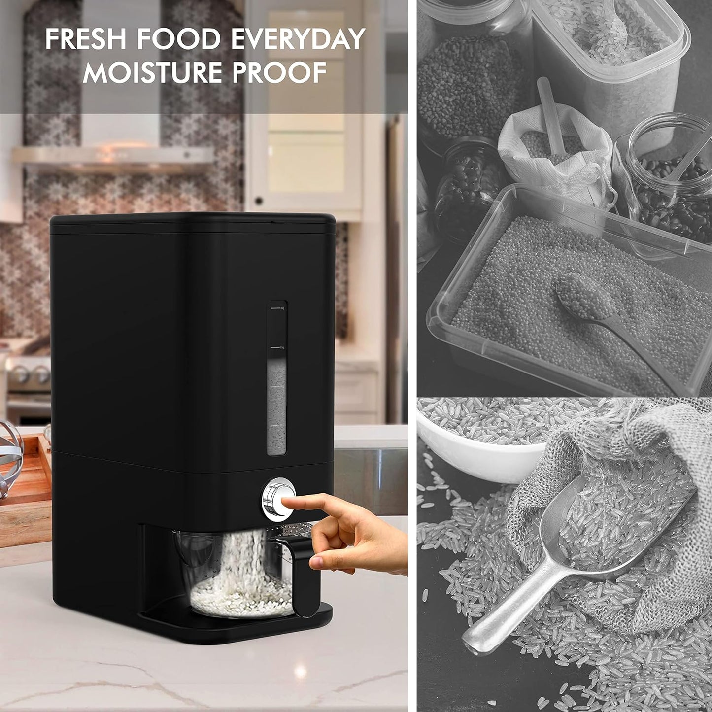 25lb Rice Dispenser - Air Tight Grain & Rice Container With Smart Quantity Dispense, Measuring Cup - NEW Black Design Grain Storage Container.