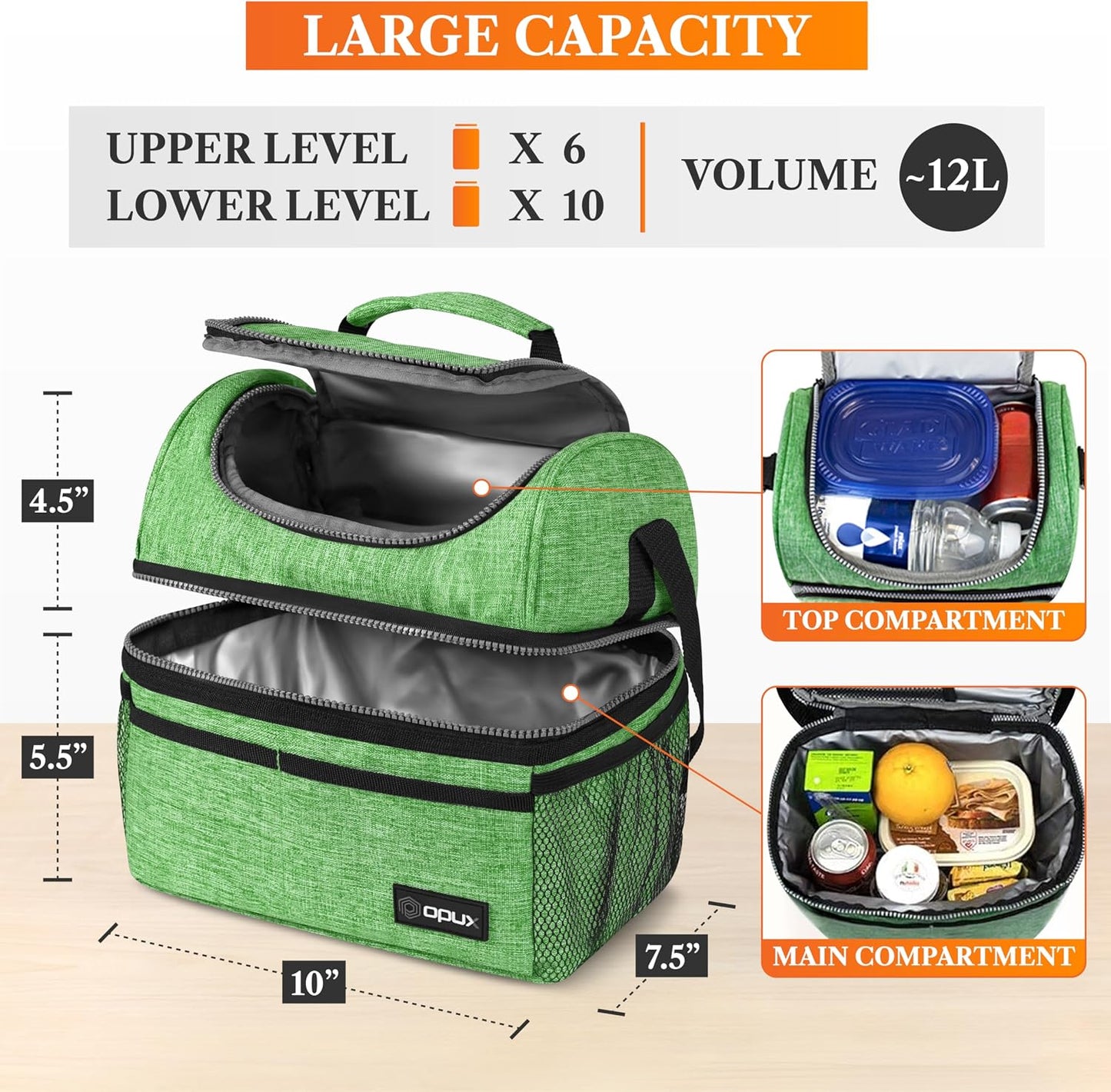 opux Insulated Lunch Bag for Men Women, Double Decker Leakproof Lunch Box Cooler Tote with Shoulder Strap, Large Lunchbox for Work School Travel Meal Prep, Adults Kids Boys Girls, Green, 16 Cans