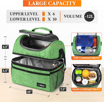 opux Insulated Lunch Bag for Men Women, Double Decker Leakproof Lunch Box Cooler Tote with Shoulder Strap, Large Lunchbox for Work School Travel Meal Prep, Adults Kids Boys Girls, Green, 16 Cans