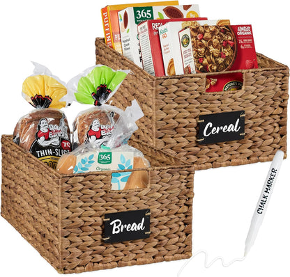 Best Choice Products Set of 4 9x12in Water Hyacinth Pantry Baskets, Woven Organizers w/Chalkboard Label, Chalk Marker - Natural