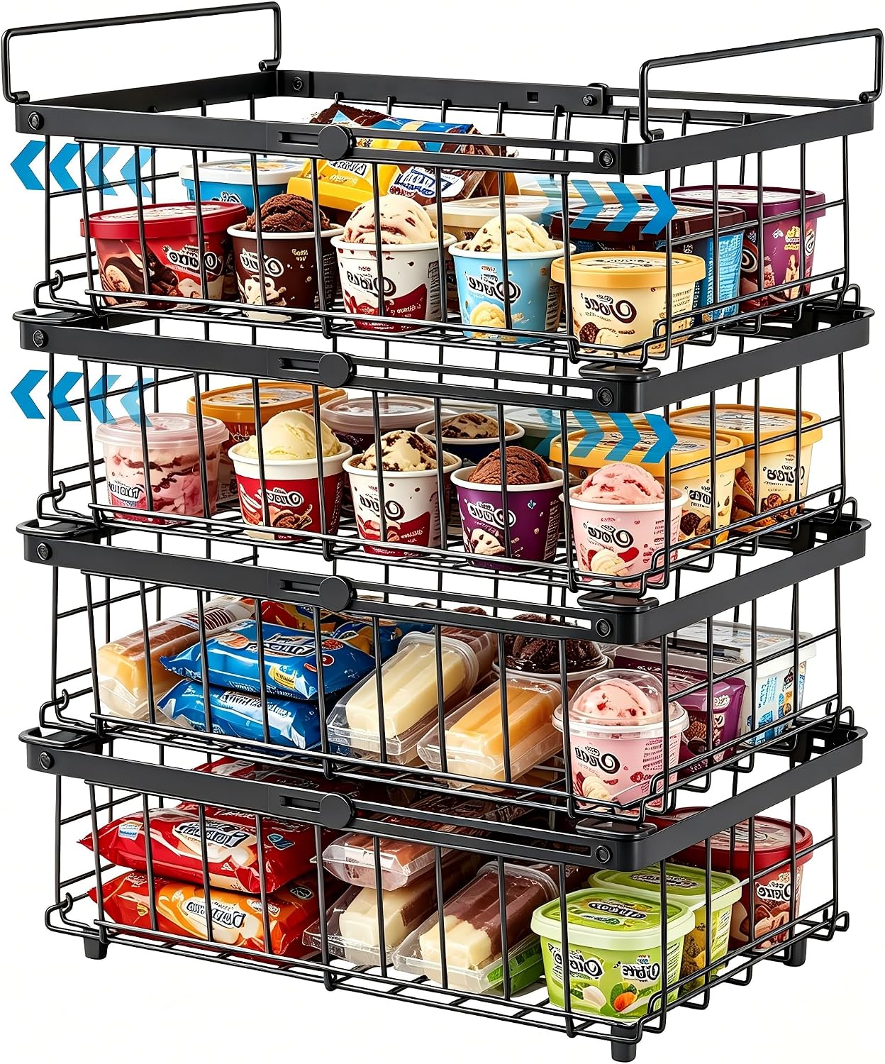 Freezer Organizer Bins 6 Pack: Wire Basket Stackable Storage Containers Expandable 11.81" to 17.72" with Foldable Handles for 5+ Cu.FT Fridge Cabinet Shelves Pantry Kitchen White