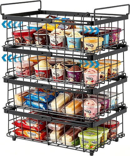 Freezer Organizer Bins 6 Pack: Wire Basket Stackable Storage Containers Expandable 11.81" to 17.72" with Foldable Handles for 5+ Cu.FT Fridge Cabinet Shelves Pantry Kitchen White