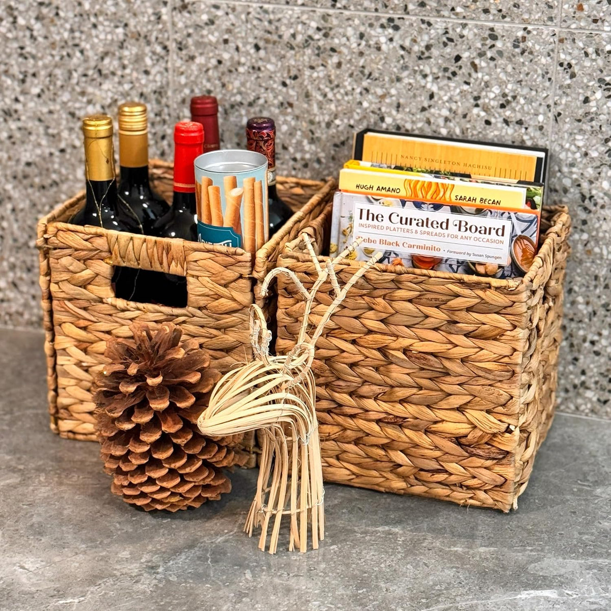4 Hand-Woven Wicker Storage Baskets 13x11x11in, Water Hyacinth Shelf Bins | ECO-FRIENDLY & SUSTAINABLE