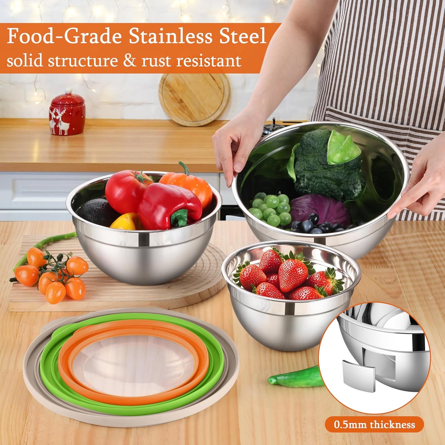 LIANYU Mixing Bowls with Airtight Lids Sets, 3 Packs Stainless Steel Metal Mixing Bowls, Ideal for Prepping, Cooking, Storage, Serving, Freezer & Dishwasher Safe, Khaki