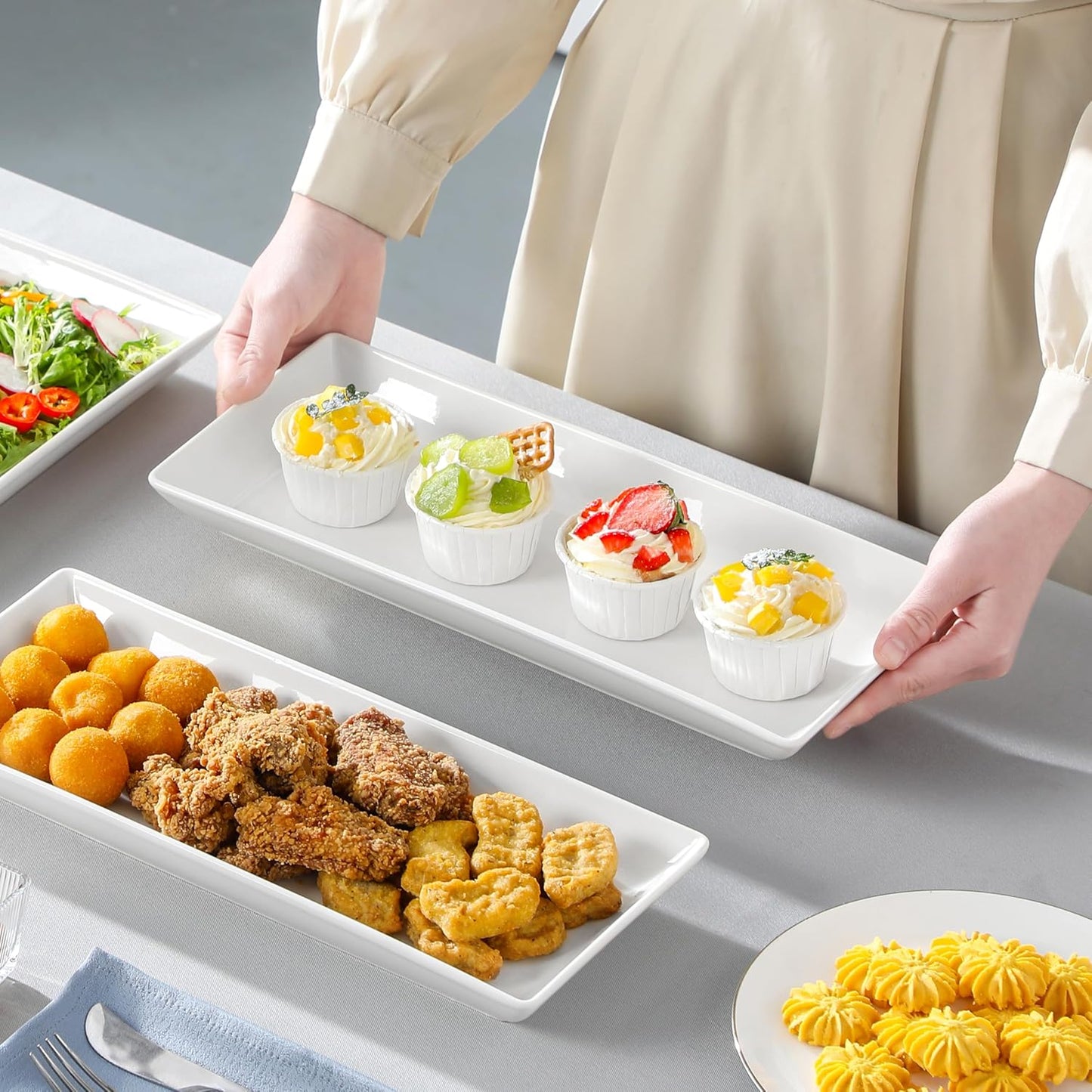 MALACASA 3 Tier Serving Trays for Party, Porcelain Serving Platters and Trays, 12 Inch Tiered Tray Stand, Fruit Tray, Trays for Serving Food, White Dessert Stand with Collapsible Sturdier Metal Rack