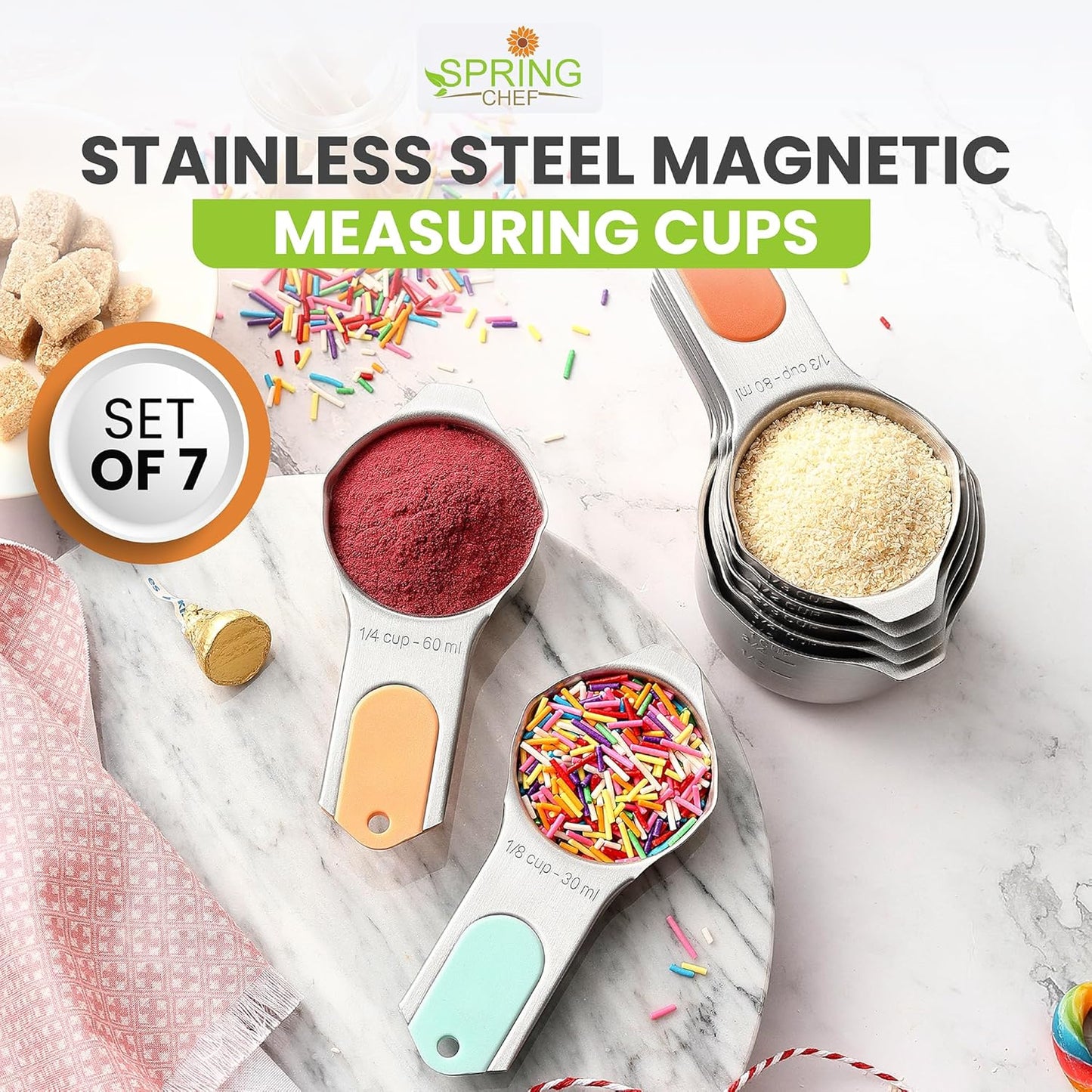 Spring Chef Stainless Steel Measuring Cups Set of 7 with Pour Spout - Nesting Kitchen Tools with Easy Read Markings to Measure Dry or Liquid Ingredients - Metal Measuring Cups for Baking & Cooking