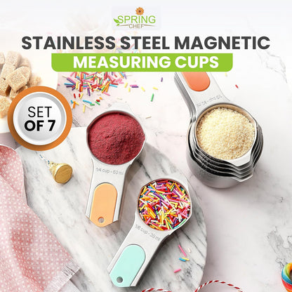 Spring Chef Stainless Steel Measuring Cups Set of 7 with Pour Spout - Nesting Kitchen Tools with Easy Read Markings to Measure Dry or Liquid Ingredients - Metal Measuring Cups for Baking & Cooking