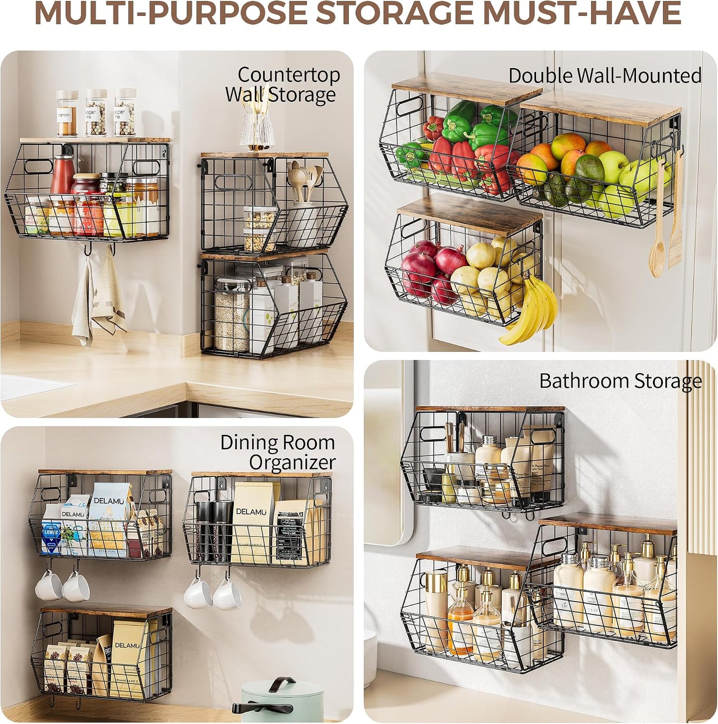 Delamu Stackable Metal Fruit Basket with Wood Lid 2 Pack, Hanging Wall Organizer for Kitchen Counter, Pantry Storage for Onions, Potatoes, Garlic, Fruits, Spices, Black