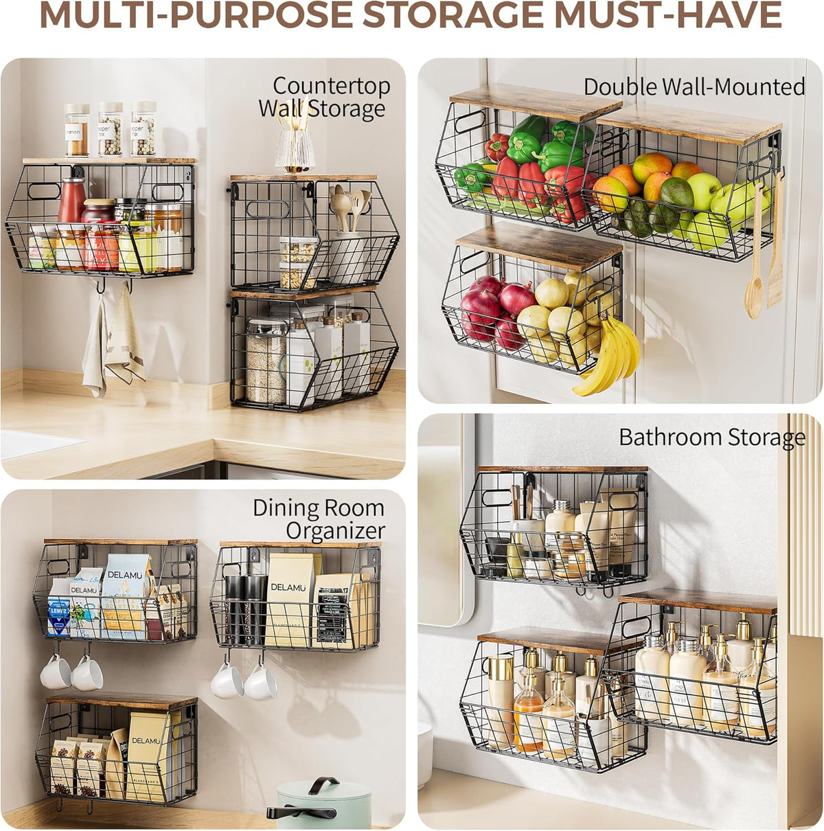 Delamu Stackable Metal Fruit Basket with Wood Lid 3 Pack, Hanging Wall Organizer for Kitchen Counter, Pantry Storage for Onions, Potatoes, Garli, Fruits, Spices, Black
