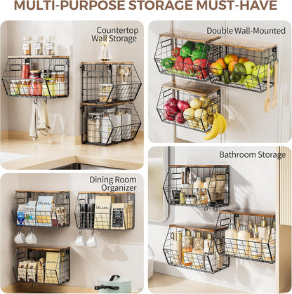 Delamu Stackable Metal Fruit Basket with Wood Lid 3 Pack, Hanging Wall Organizer for Kitchen Counter, Pantry Storage for Onions, Potatoes, Garli, Fruits, Spices, Black