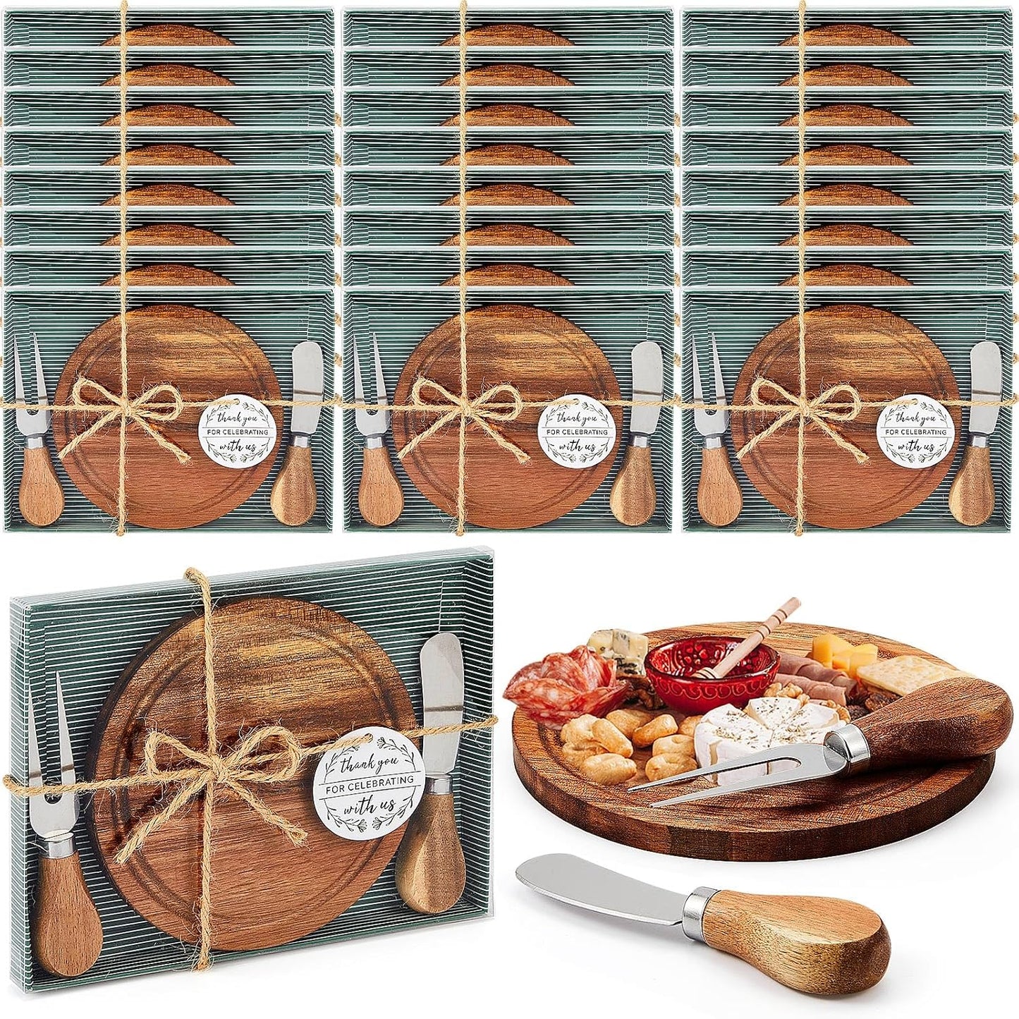 Maxcheck 6 Sets Baby Shower Bridal Game Prizes for Winners Round Cheese Board Set Wood Mini Charcuterie Board with Knives and Forks Thank You Card with Gift Box for Guests Wedding (Bamboo)