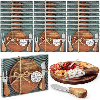 Maxcheck 6 Sets Baby Shower Bridal Game Prizes for Winners Round Cheese Board Set Wood Mini Charcuterie Board with Knives and Forks Thank You Card with Gift Box for Guests Wedding (Bamboo)