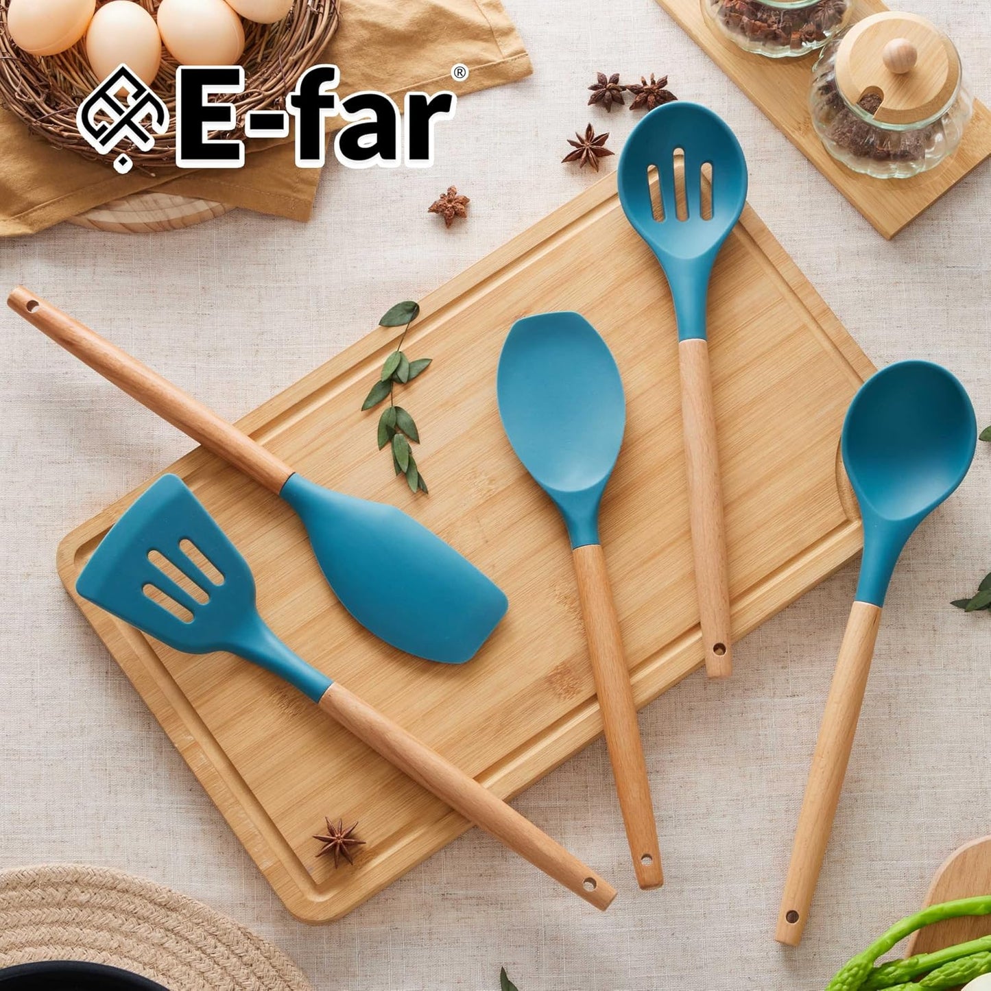 E-far Silicone Cooking Utensils Set, 5-Piece Kitchen Utensils Set with Wooden Handle for Cooking, Silicone Kitchen Nonstick Tools Spatula Turner Slotted Spoons, Nontoxic & Heat Resistant-Khaki
