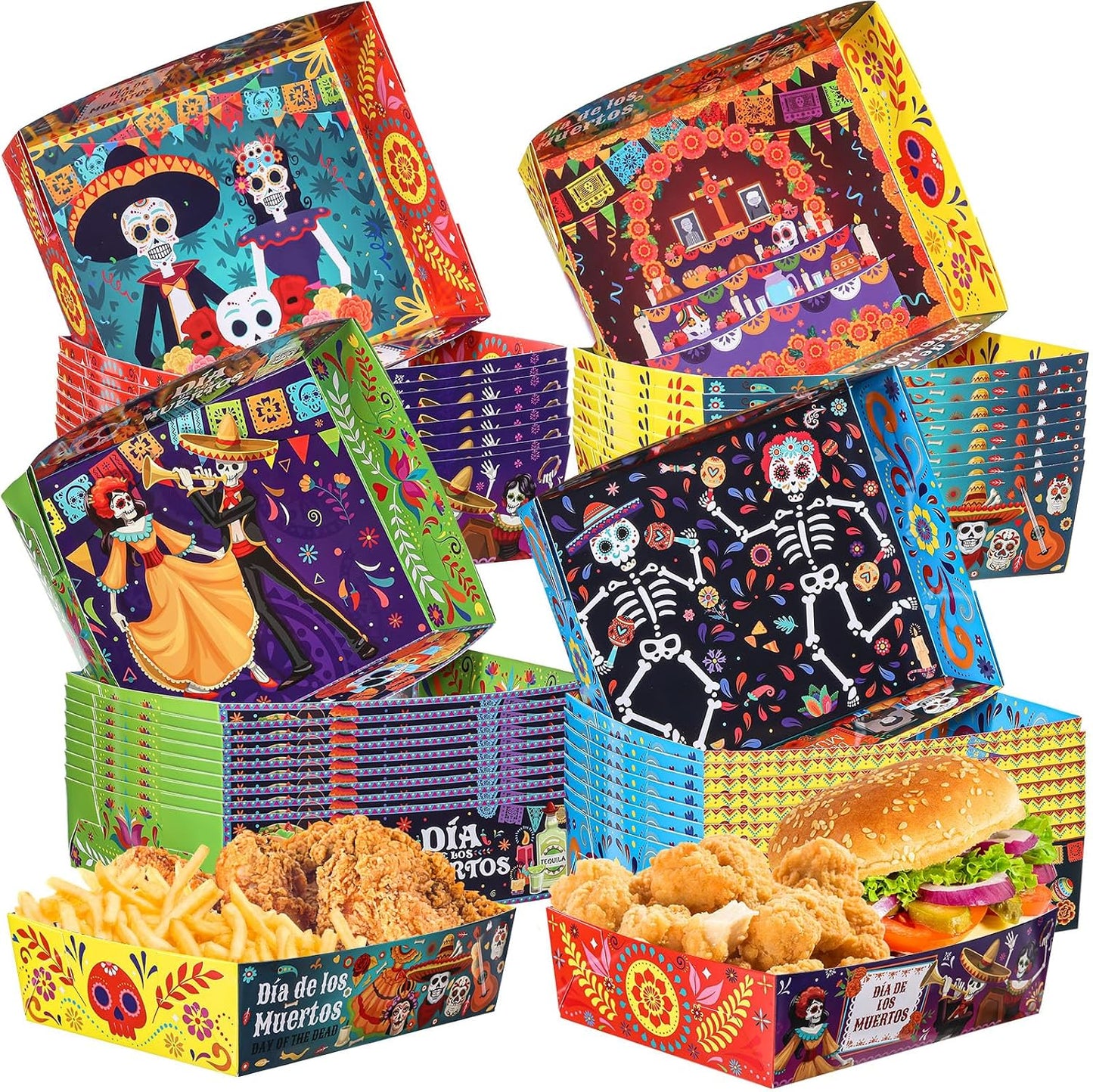 Harloon 36 Pack Mexican Nacho Trays 5 lb Extra Large Mexican Paper Food Trays Fiesta Disposable Cardboard Serving Boats for Cinco De Mayo Taco Fries Snacks Birthday Party Supplies(Floral)