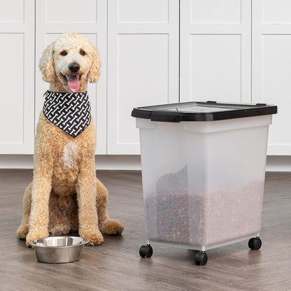 IRIS USA Airtight Dog Food Storage Container, WeatherPro, Up to 25 lbs, Removable Wheels, for Dog Cat Bird and Other Pet Food Storage Bin, Keep Fresh, Translucent Body, Made in USA, Clear/Black