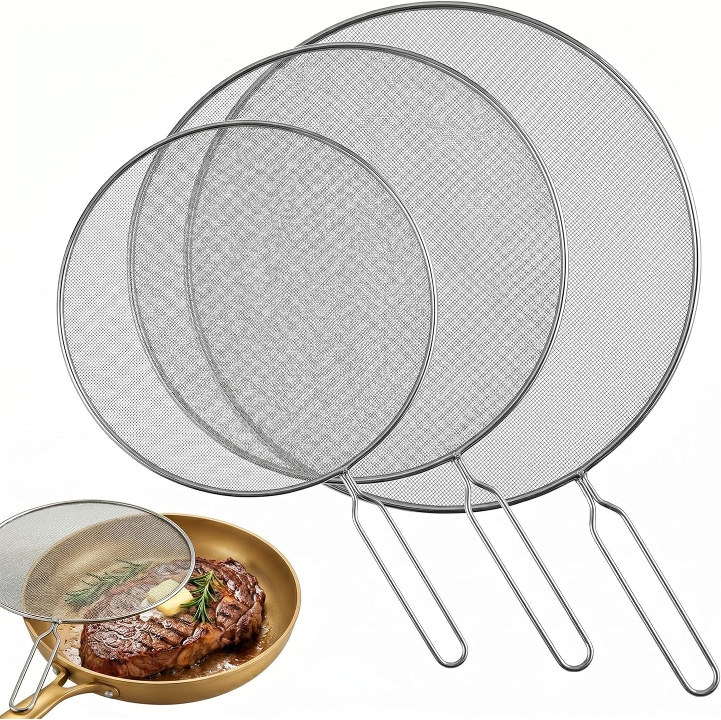 3-Piece Splatter Screen Set – Fine Mesh Stainless-Steel Grease Splatter Guard for Pots, Pans, and Skillets – Kitchen Gadgets by Classic Cuisine