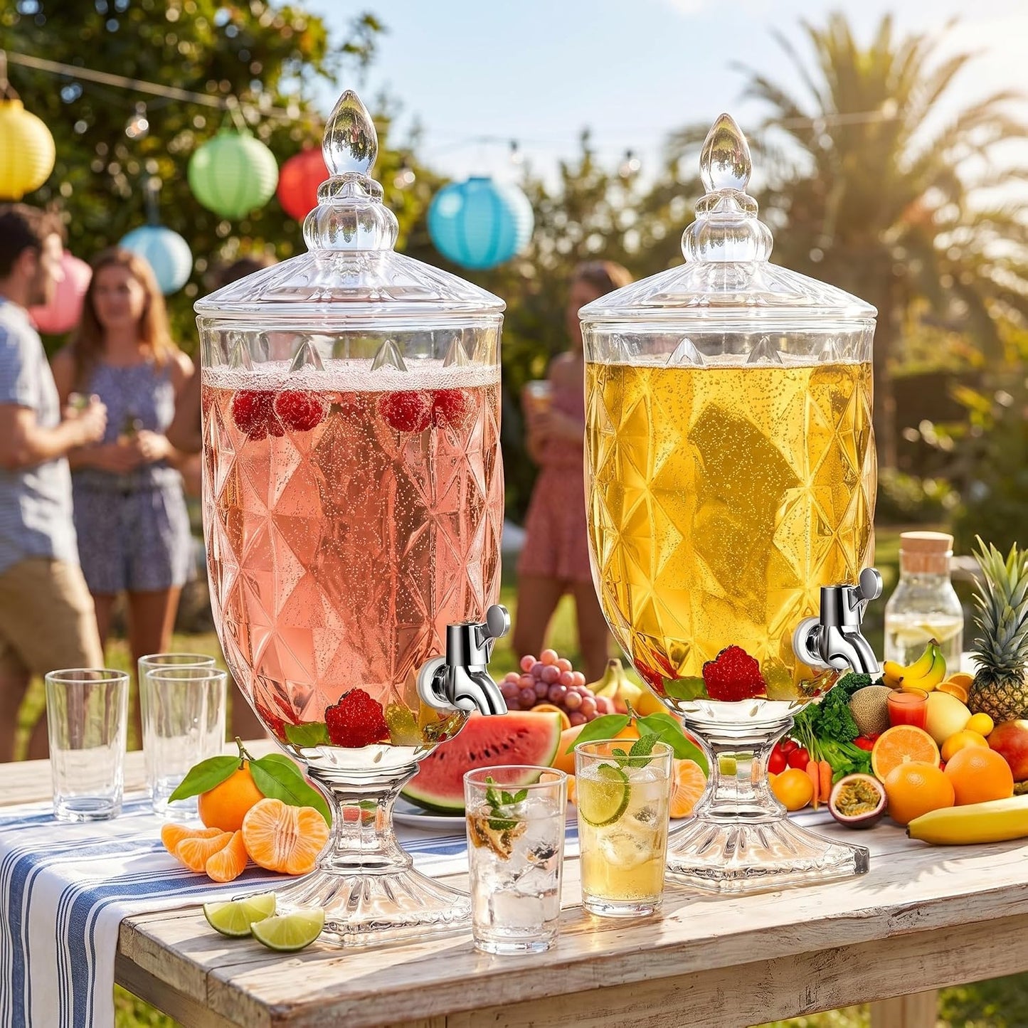 Bokon 2 Pieces 1.3 Gallon Drink Dispensers for Parties Crystal Iced Beverage Dispenser with Stand and Spigot, Glass Liquid Containers Wide Mouth Beverage Server for Juice Tea Wedding(Exquisite)