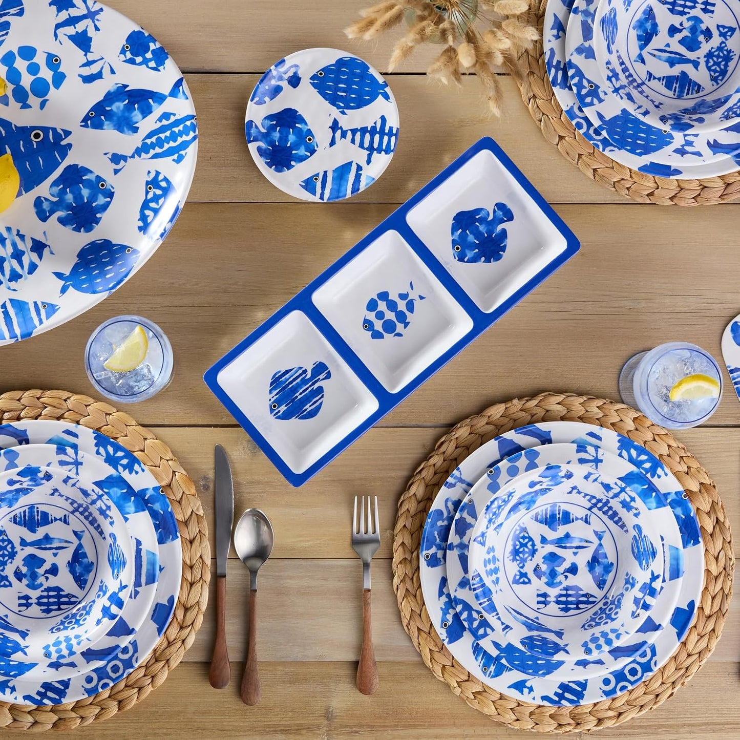 Fish Tale 3pc MELAMINE HOSTESS SET – 14.5" Chip Dip, Relish Tray, 19x8" Platter, Cobalt Fish School Art, Shatterproof Outdoor Entertaining, Poolside Party Serving, Mediterranean Coastal Hospitality