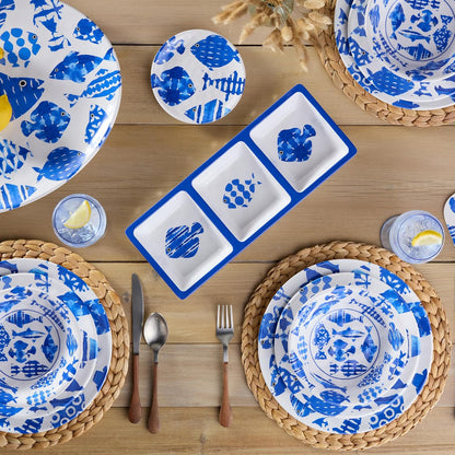 Fish Tale 3pc MELAMINE HOSTESS SET – 14.5" Chip Dip, Relish Tray, 19x8" Platter, Cobalt Fish School Art, Shatterproof Outdoor Entertaining, Poolside Party Serving, Mediterranean Coastal Hospitality