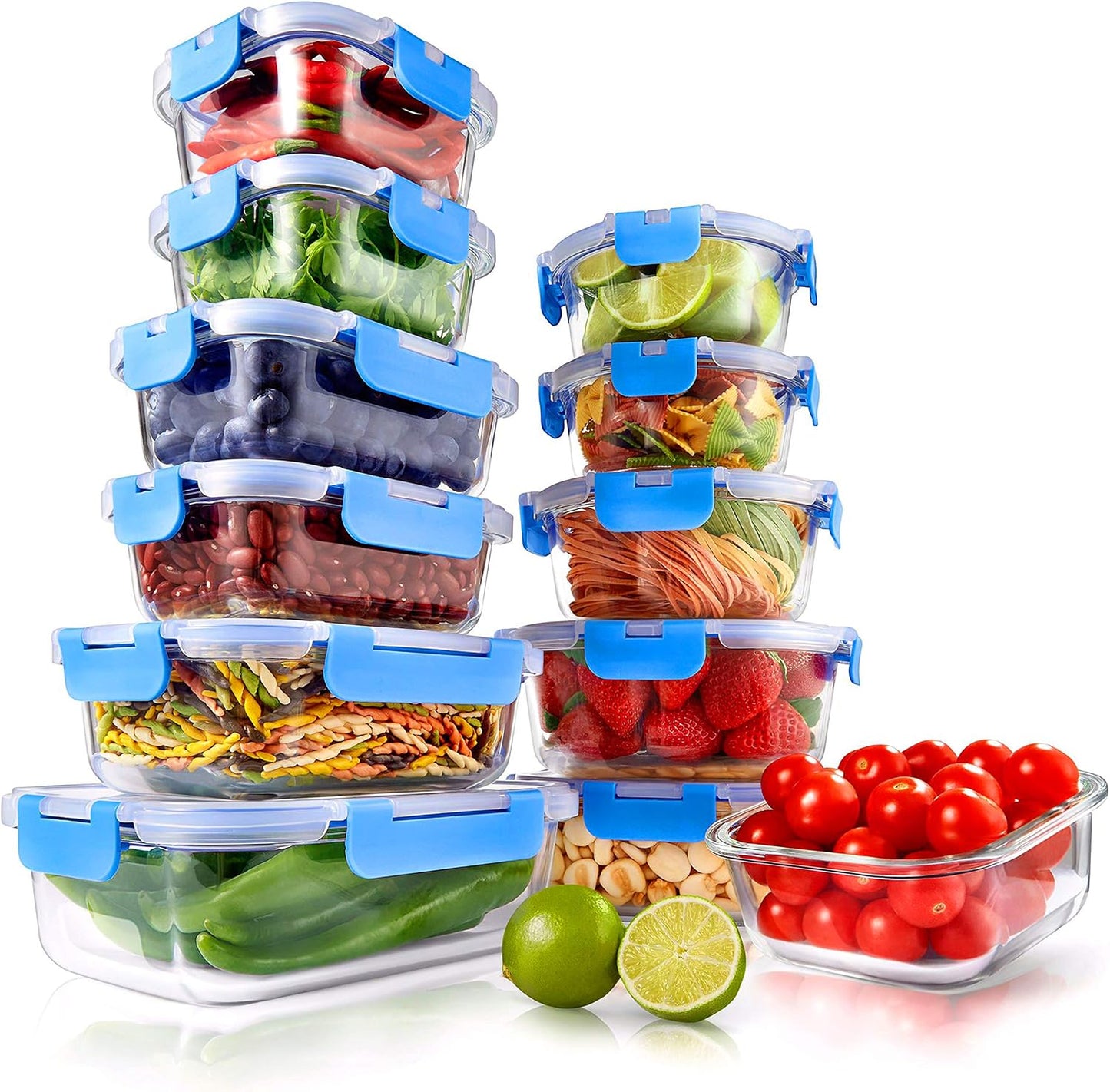 NutriChef 24pcs Glass Food Storage Containers, (12 Stackable Heavy Duty Meal Prep Containers w/ 12 Airtight Lids), Microwave, Freezer, & Dishwasher Safe for Food, Snacks, Fruit & More, (Gray)