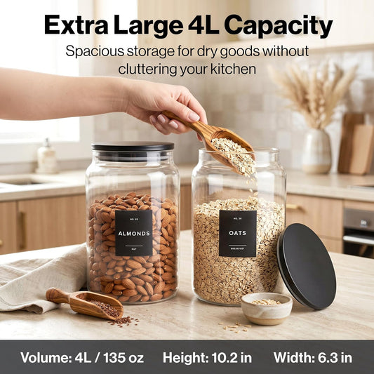 EDELHAUS 2x Large Glass Storage Containers with Airtight Black Lids [135oz/4000ml] | Extra Thick Glass Canisters for Pantry + 63 Labels | Flour Rice Cereal Sugar Coffee Beans Tea