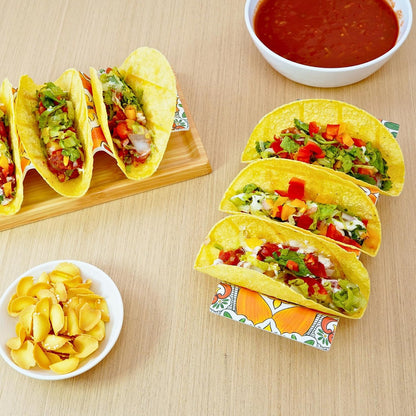 TP Taco Holder Stands, Set of 2 Melamine Large Taco Serving Rack Tray with Handle, Holds 3 Tacos, Dishwasher Safe, Ideal for Taco Night, Party, Home, Fiesta, Talavera Tile