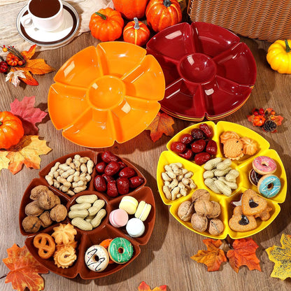 8 Pcs Thanksgiving Plates with Dividers Plastic Divided Snack Serving Tray 10.5 Inch Round 7 Compartments Chip Dip Platter Petal Shape Sectional Platter for Party Candy Nuts Fruits Veggies