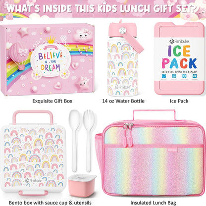 Fimibuke Kids Bento Lunch Box with 4 Compartments, Insulated lunch Bag, Stainless Steel Insulated Water Bottle, Ice Pack & Utensils Set, Birthday Gifts for Ages 3-12 Back to School Toddler Girls Boys