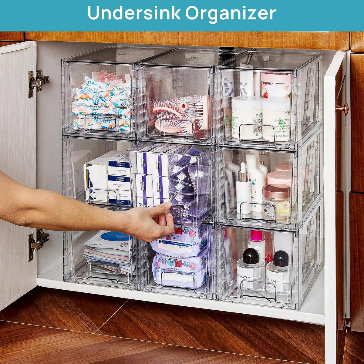 Vtopmart 8 Pack Large Stackable Storage Drawers,Clear Acrylic Drawer Organizers with Handles, Easily Assemble for Fridge, Bathroom,Kitchen Undersink,Cabinet,Pantry Organization and Storage