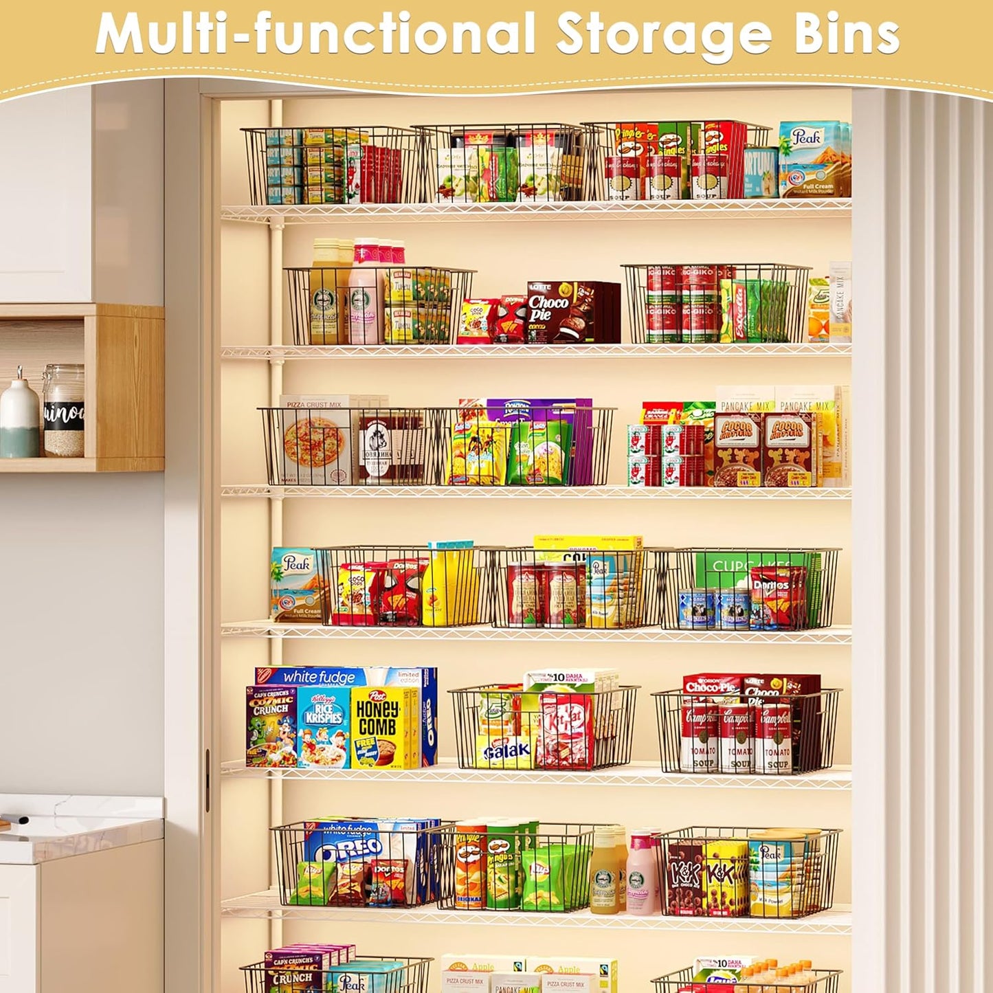 X-cosrack Metal Wire Basket Pantry Baskets Foldable Cabinet Organizers with Handles-6 Pack-12"x9"x6", Food Storage Freezer Organizer Bins for Kitchen Bathroom Laundry Closet Garage - Patent Design