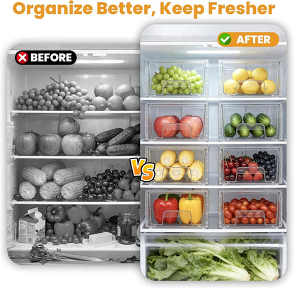 6 Pack Stackable Storage Drawers,Plastic Organizers Bins, Drawers Storage with Handles and Movable Dividers for Organization and Storage in Fridge,Bathroom, Pantry, Kitchen Cabinets, Under Sink