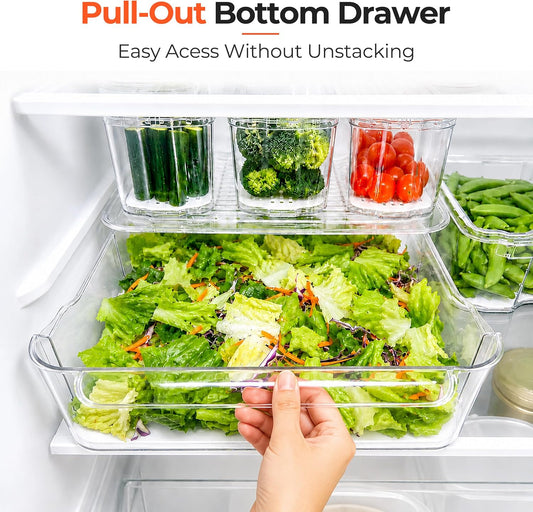 SMRCAD Refrigerator Organizers and Storage, 6 Pack with 1 Pull-Out Drawer and 5 Lidded Bins, Fruit Storage Containers for Fridge with Drain Trays, Helps Keep Produce Fresh