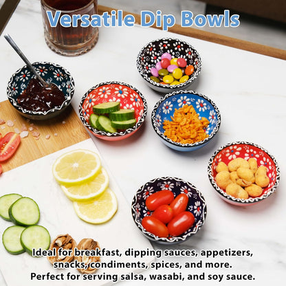 Ceramic Small Dipping Bowls Set of 6, 3.5 Oz Soy Sauce Dish, Handmade Charcuterie, Colorful Pinch, Dishwasher & Microwave Safe, 3.2'' Mini (SULTAN'S GARDEN)