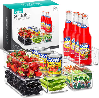 Sorbus Stackable Refrigerator Organizer Bins - Set of 4 Clear Storage Bins for Kitchen Pantry, Freezer & Fridge Organization - Food Organizing Plastic Containers with Handles for Countertops & Drawers