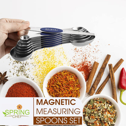 Spring Chef Stainless Steel Magnetic Measuring Spoons Set with Strong N45 Magnets, Heavy Duty Metal Kitchen Gadgets for Baking & Cooking, Fits in Most Kitchen Spice Jars, Set of 8 with Leveler, Black