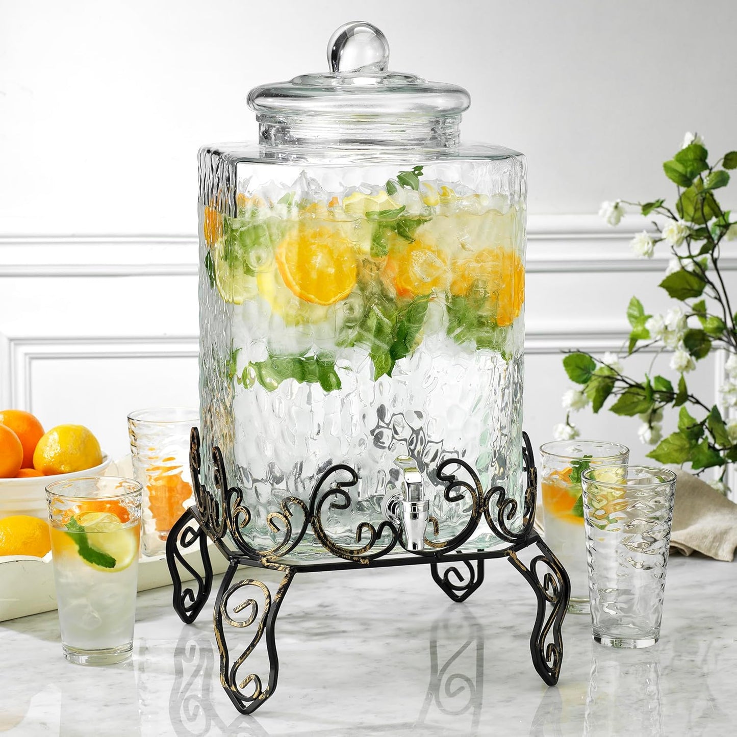 3 Gallon Glass Drink Dispenser with Metal Stand & Lid – Hammered Beverage Dispenser with Leakproof Spigot, Wide Mouth for Easy Fill – Ideal for Parties, Lemonade, Iced Tea, Sangria & More