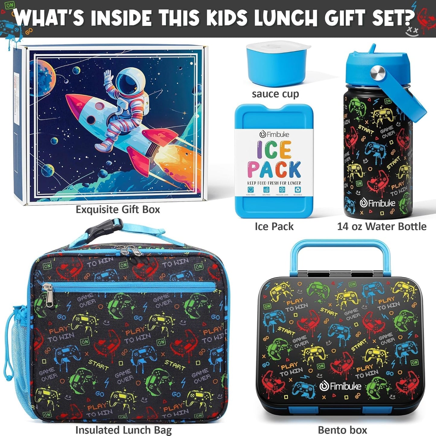 Fimibuke Bento Lunch Box for Kids - Toddler Snack Bento Box Container with 3 Compartments, Stainless Steel Water Bottle, Insulated Lunch Bag, Ice Pack Set for Ages 3-12 Girl Boy Daycare Back to School