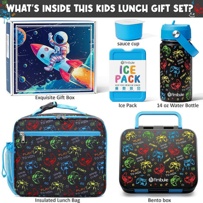 Fimibuke Bento Lunch Box for Kids - Toddler Snack Bento Box Container with 3 Compartments, Stainless Steel Water Bottle, Insulated Lunch Bag, Ice Pack Set for Ages 3-12 Girl Boy Daycare Back to School