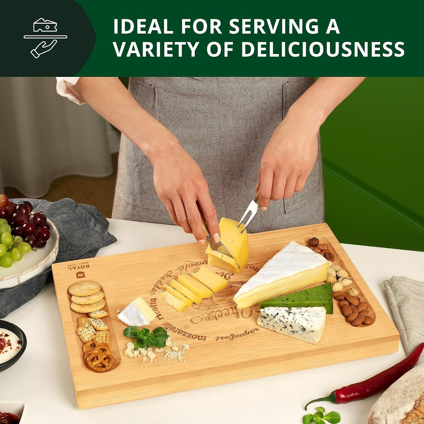 ROYAL CRAFT WOOD Premium Bamboo Charcuterie Board Set - Cheese Platter & Serving Tray & Serving Utensils - Perfect Housewarming Gift, Wedding, Bridal Shower Gift - Ideal for Entertaining and New Home
