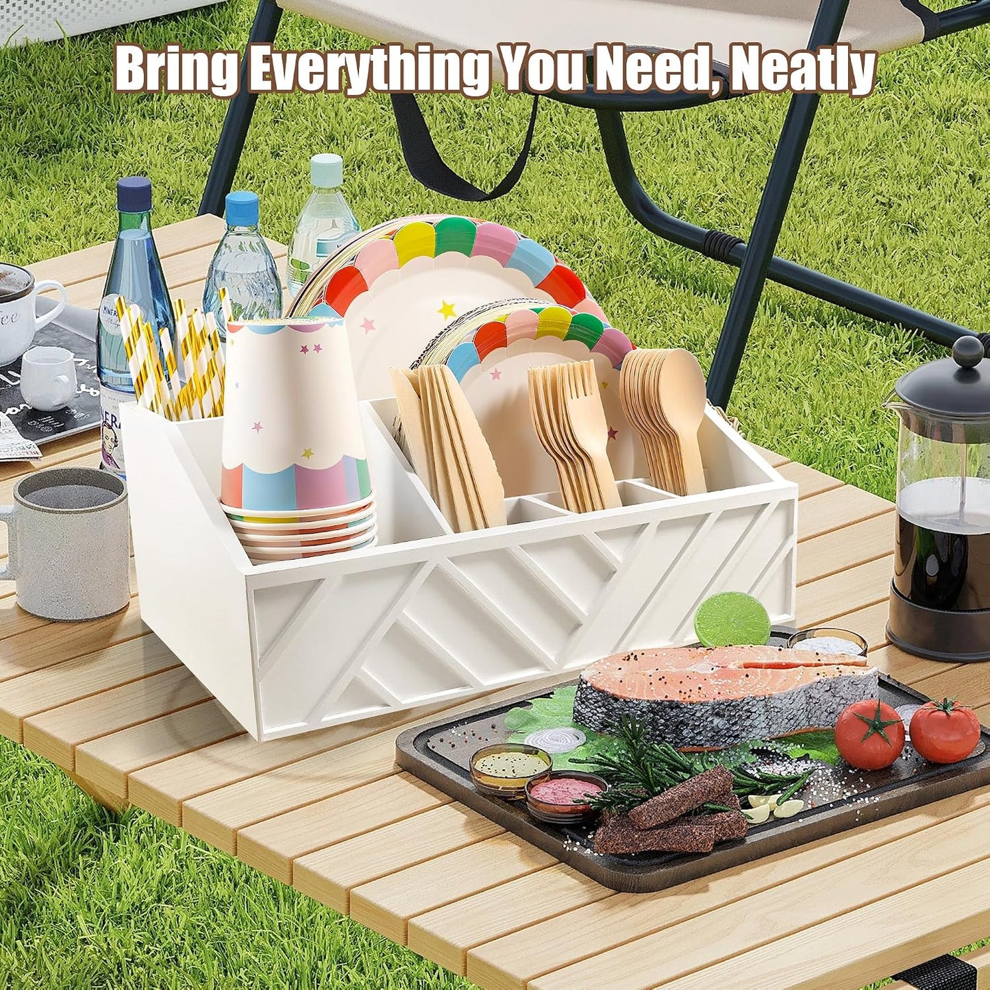 Paper Plate Dispenser with 6 Compartments – Wooden Utensil & Silverware Caddy Holder for Party, BBQ, Camping – Disposable Cutlery Organizer for Kitchen Countertop or Buffet Station, Black