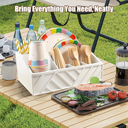 Paper Plate Dispenser with 6 Compartments – Wooden Utensil & Silverware Caddy Holder for Party, BBQ, Camping – Disposable Cutlery Organizer for Kitchen Countertop or Buffet Station, Black