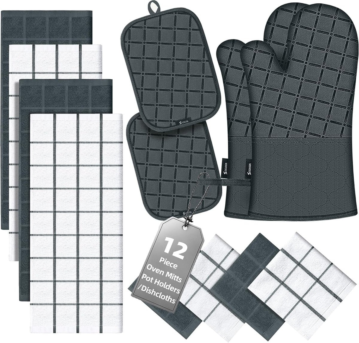 Oven Mitts Kitchen Towels and Dishcloths Pot Holders Sets, Oven Gloves Kitchen Dish Towels 500 Degree Heat Resistant Potholders with Non-Slip Silicone Surface for Cooking, Grilling, Baking-Gray