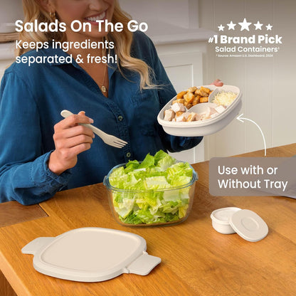 Bentgo Glass Salad Container - 7.6-Cup Salad Bowl with Airtight Lid, Leak-Proof Sauce Container, 4-Compartment Bento Tray & Reusable Fork - BPA-Free for Meal Prep, Office & More (Light Blue)
