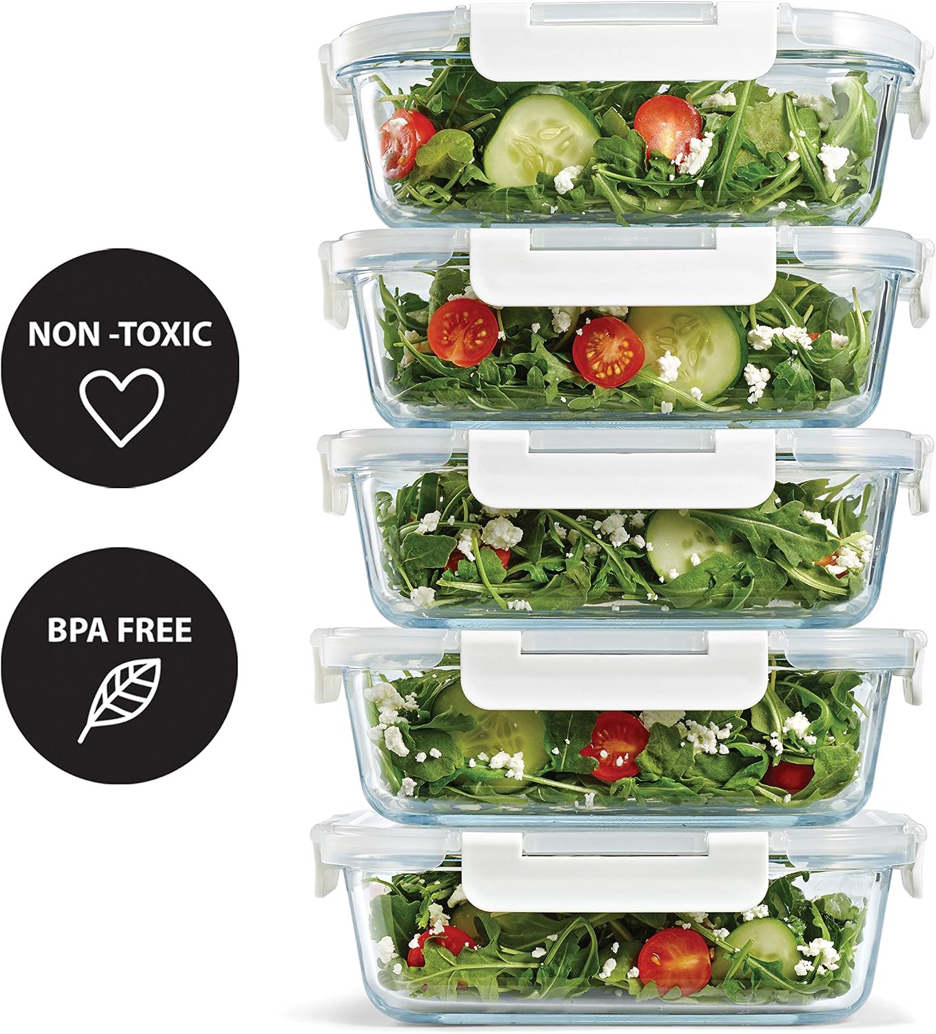 Fit & Fresh Divided, 5-Pack, Two Compartments, Set of 5 Containers with Locking Lids, Glass Storage, Meal Prep Containers with Airtight Seal, 27 oz.
