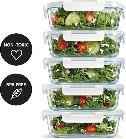 Fit & Fresh Divided, 5-Pack, Two Compartments, Set of 5 Containers with Locking Lids, Glass Storage, Meal Prep Containers with Airtight Seal, 27 oz.