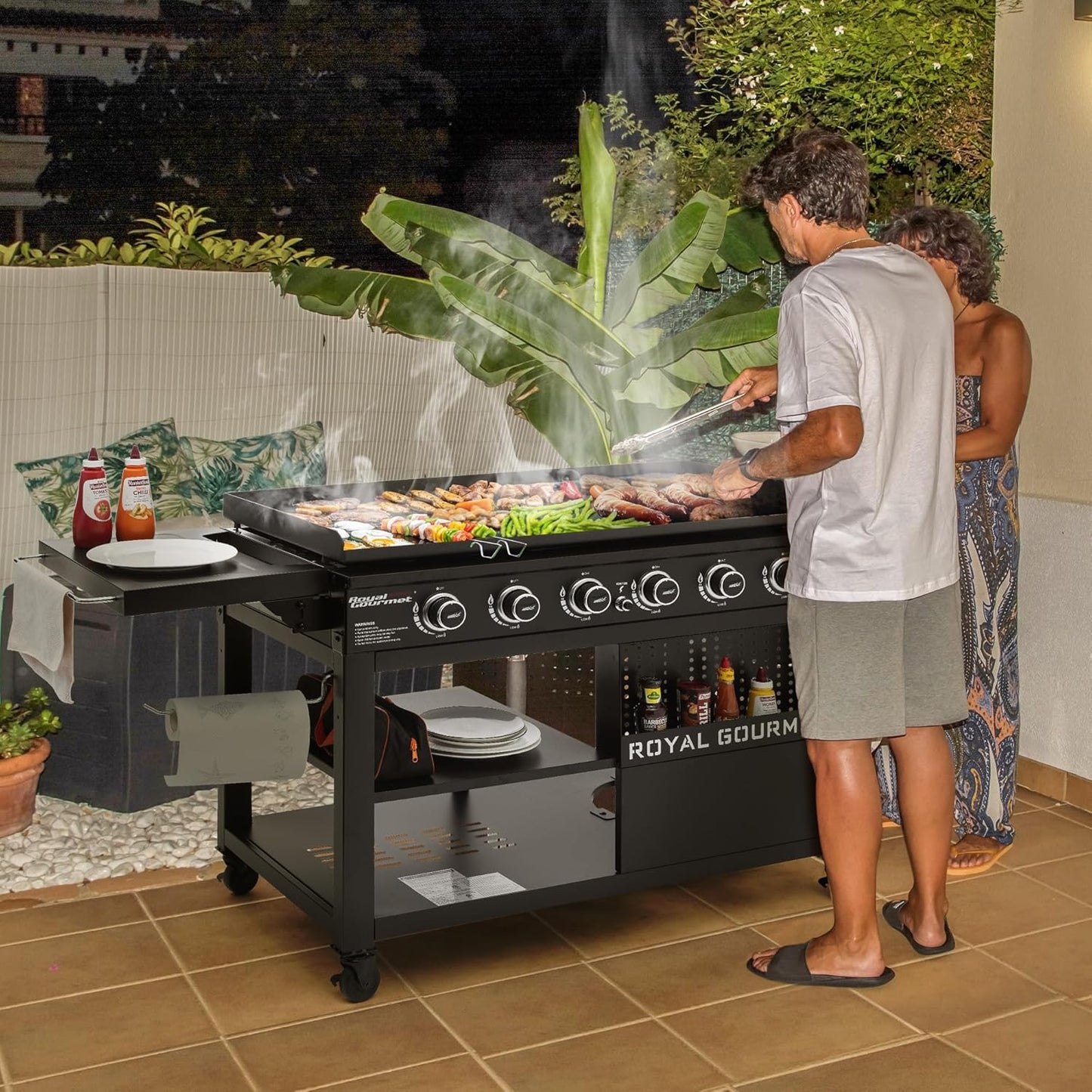 6-Burner Propane Gas Grill Griddle with Foldable Side Tables, 44-Inch Flat Top Grill with Double-Layer Bottom, Ideal for Outdoor Cooking, Black, GB6000-SC