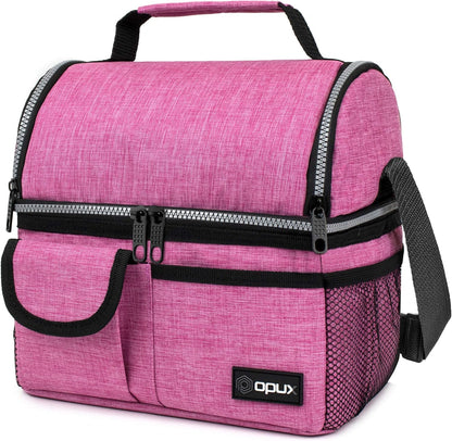 opux Insulated Lunch Bag Women Men, Dual Compartment Leakproof Lunch Box Adults Kids, Double Decker Meal Prep Bento Lunch Cooler Tote with Shoulder Strap for Work Office School Travel, Floral Purple